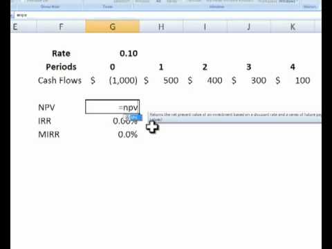 Using Excel for Net Present Values, IRR's and MIRR's Using Excel for Net Present Values, IRR's and MIRR's