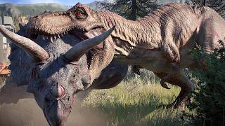 T-REX vs HERBIVORE AND CARNIVORE DINOSAURS BATTLE IN OREGON - Jurassic World Evolution 2