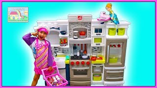 Hailey & Anna Pretend Play Cooking with Giant Step2 Kitchen Toy, Food Toys & Cash Register
