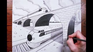 How to Draw Criss-Crossing Trains in Two Point Perspective