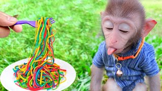 Monkey Baby Bim Bim eats Noodle with puppies and ducks eat watermelon