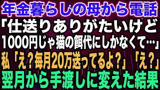 【スカッとする話】年金暮らしの母から電話「仕送りありがたいけど1000円じゃ猫の餌代にしかなくて…」私「え？毎月20万送ってるよ？」「え？」翌月から手渡しに変えた結果