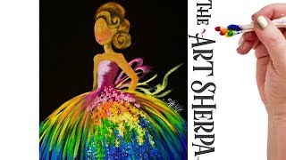 How to paint a Girl in a Rainbow Dress EASY Acrylic Painting Lisa Frank inspired | TheArtSherpa