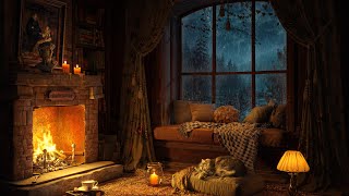 Rainy Night in Cozy Reading Nook 🌧️ Soft Jazz Music 🌧️ Heavy Rain, Fireplace Sounds for Sleeping 4K
