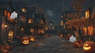 Halloween spooky lane with ghosts pumpkins and moonlight. No ads.