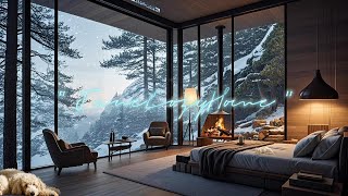 Winter Cabin Ambience with Snowfall and Fireplace | Atmospheric Hum and Crackling Fire