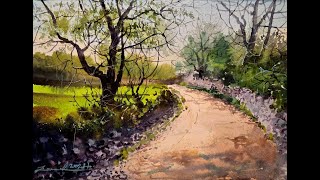 Watercolor painting - Garden Path in Early Morning