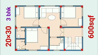 20'×30' এর 3 বেডরুম +লিভিংরুম+2 টয়লেট,বাথরুম + কিচেন+বাইক পার্কিং//20×30 HOUSE PLAN 3BHK//