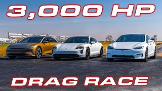 WORLD'S QUICKEST SEDANS * 3,000 HP Race * Lucid Air vs Taycan Turbo S vs Tesla Plaid DRAG RACE