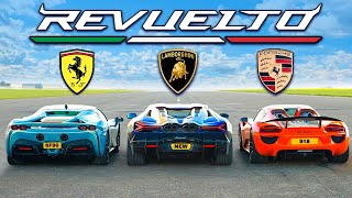 【ドラッグレース！】ランボルギーニ レヴエルト vs ポルシェ 918 スパイダー vs フェラーリ SF90