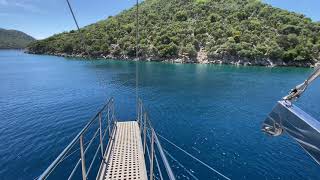 Gocek Fethiye 12 islands day cruise: leaving from Aquarium Bay and going to Shipyard Tersane Island.