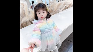 【Q113014】女童美人魚彩虹色棉服2020韓版冬裝寶寶洋氣手塞棉棉襖20201130