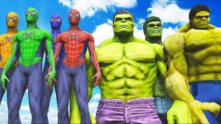 Spider-Man, Green Spiderman, Blue Spiderman, Yellow Spiderman VS Hulk Army