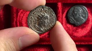 Ancient Roman silver antoninianus coin of emperor Volusian