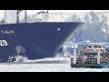 Ferry Full of People Crossing the Face of a Container Ship | 4K Shipspotting