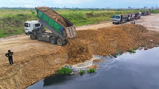 Excellent Skill Dumping Soil Into Deep Water By Dump Trucks And Dozer D53p Process