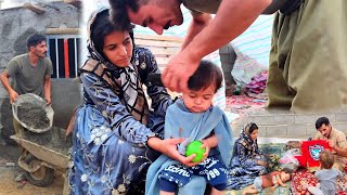 Fatherly love:joy of new clothes and new hairstyles for his little ones#Village life