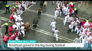American gored in the leg during Pamploma Bull Run in Spain