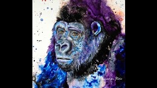 Speed painting  a Gorilla using acrylic, india, alcohol inks on Yupo paper