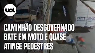 Caminhão desgovernado desce ladeira, atinge moto e quase atropela pedestres no PA; veja vídeo