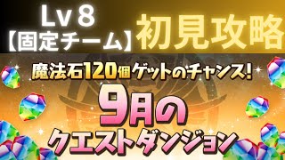 【Lv8】9月のクエストダンジョン　レベル８【固定チーム】初見攻略！【パズドラ】