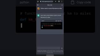 python code to convert kilometres to miles #pythontutorial #python #chatgpt