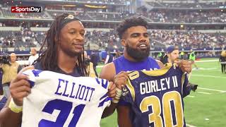 Watch Ezekiel Elliott of the Dallas Cowboys jersey swap with Todd Gurley of LA Rams