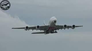 Spray action from Emirates Airbus A380-840 (A6-EUO) departing Birmingham Airport.