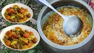 Traditional Azerbaijan Dried Fruit Meat Pilaf Recipe in the Village