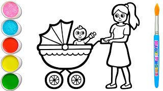 Baby Stroller and Mother Drawing, Painting, Coloring for Kids & Toddlers | Try to Draw With Me 