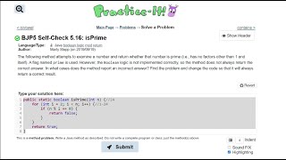 Java Practice It || 5.16 isPrime || method with int parameter & boolean return, for loop, debugging