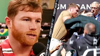 CANELO ALVAREZ POKES FUN AT HITTING CALEB PLANT AT PRESSER; SAYS HE WILL KNOCK HIM OUT IN 8-9 ROUNDS