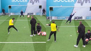 Soccer AM goalkeeper pulls off a WORLDIE save against the Watford Fans in the Volley Challenge!