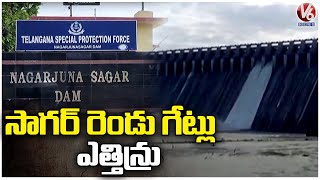 Huge Flood Water Inflow Into Nagarjuna Sagar , Officials Lift 2 Crust Gates | Telangana Rains | V6