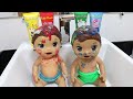 baby alive gÊmeos laurinha e felipinho tomando banho na pia com tinta de banho