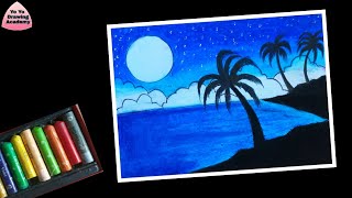 Beautiful Moonlight Landscape Drawing for Beginners with Oil Pastels - step by step (very easy)