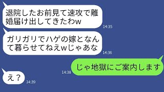 闘病中に疲れ切った妻が退院したその日に離婚届を出した夫「痩せてハゲた女とは無理だろww」→情け容赦のない最低な夫に地獄を味わわせた結果www