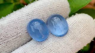 Cat's Eye Aquamarine Cabochon Gemstones Pair Deep Blue Color - 15.95 Carats