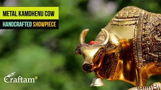 Craftam® Golden Metal Kamdhenu Cow Idol with Calf \u0026 Baby Krishna