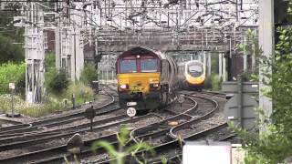 DB class 66 heads into stafford overtaken by Pendelino