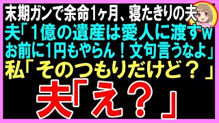 【スカッと】末期ガンで余命1ヶ月、寝たきりの夫「1億の遺産は愛人に渡すwお前に1円もやらん！文句言うなよ」私「そのつもりだけど？」夫「え？」（朗読）