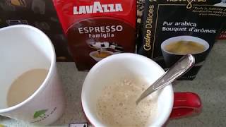 『LAVAZZA 濃縮-咖啡粉(二次烘培) + Casino(Delicies系列)綜合-咖啡粉』：黑咖啡(不加糖)，加了(熱蒸奶) 的『冰-拿鐵』(Simtree)。無味感、淡淡-甜味！(矛盾)