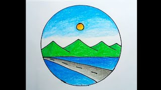 How To Draw Mountain Scenery Easy For Beginners |Drawing Mountain Scenery In A Circle