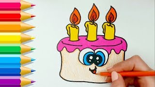 Cómo dibujar y pintar una TORTA DE CUMPLEAÑOS Kawaii fácil 💙 How to Draw a Cute Birthday Cake