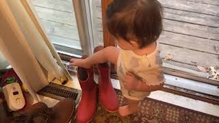 She tries to wear mom’s garden boots. お母さんの長靴をどーしても履きたい1歳。お兄ちゃんも赤ちゃんの時同じことやったよ。