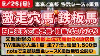 【中央競馬予想】5月28日(日)激走穴馬・鉄板馬　ー独自指数「K指数」で狙える軸馬・穴馬が丸わかり【目黒記念、安土城S 他】