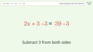 Linear equation with one unknown: Solve 5x-3(x-1)=39 step-by-step solution