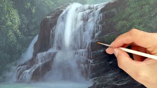 Waterfall painting tutorial - how to paint a realistic waterfall and foliage