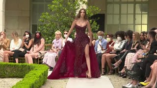 Model Kailee Lawrence stumbles \u0026 loses her shoes at Zuhair Murad Haute Couture Fall/Winter 2021-2022