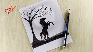 Sunset scenery drawing with pencil | Horse raising front legs | Pencil sketch - Step by step